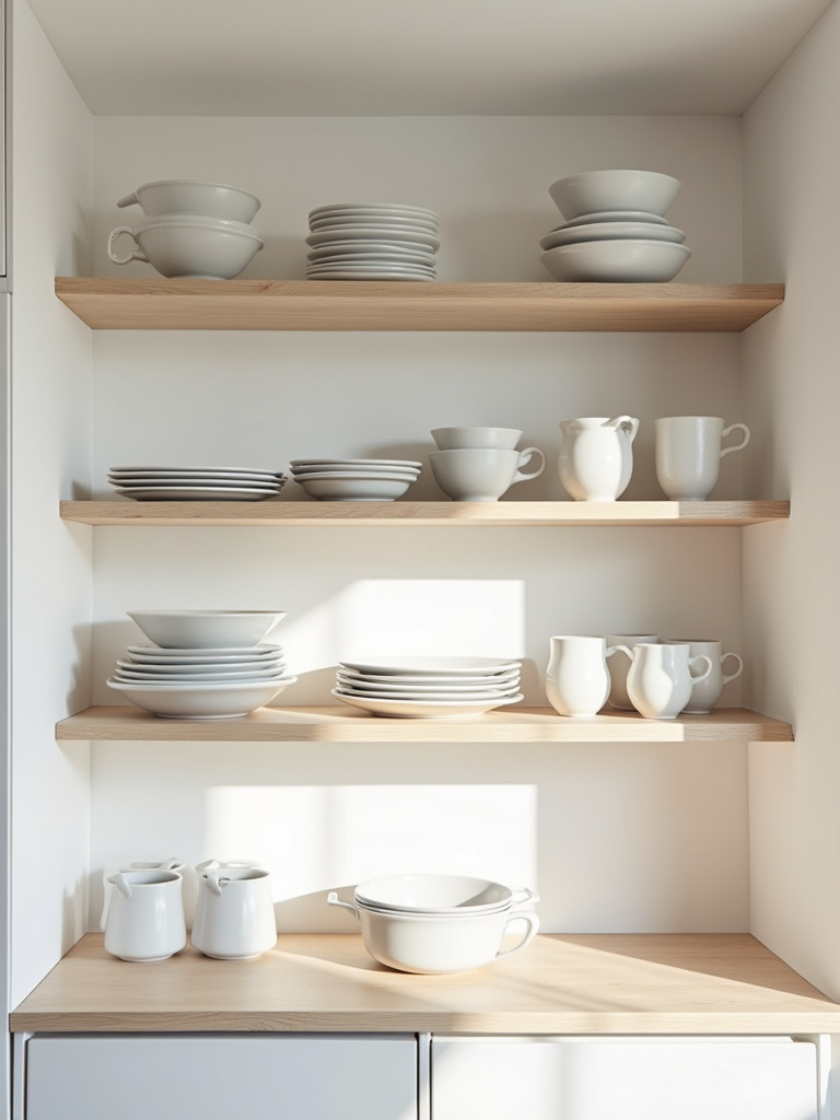 Open shelving in a Scandinavian kitchen filled with simple white ceramic dishes
