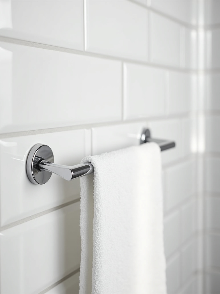 Minimalist bathroom detail showing a single chrome towel bar with a neatly folded white towel.