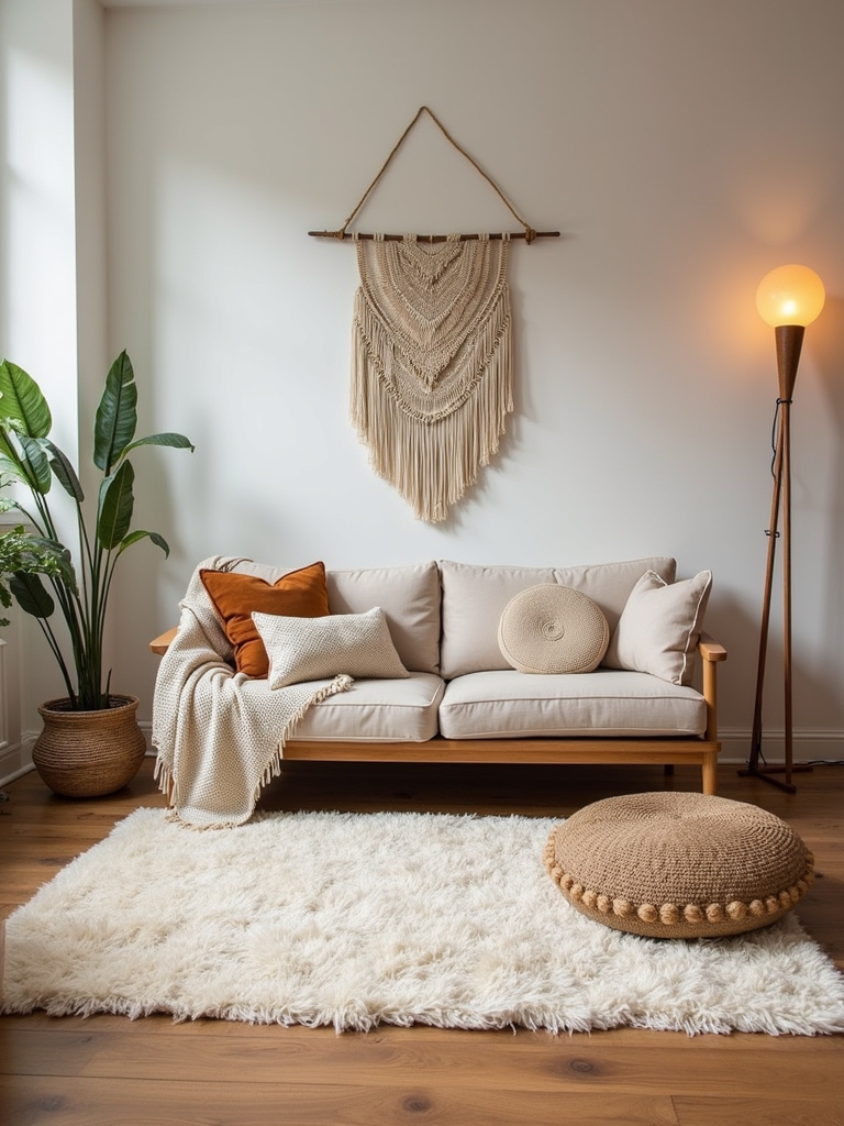 Modern bohemian living room featuring a cream-colored shaggy rug and floor cushions.