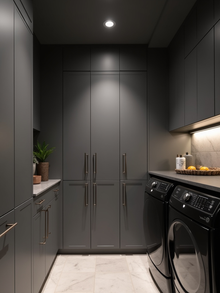“Sleek graphite gray laundry room with cool lighting, featuring graphite gray flat-panel cabinets, a stainless steel countertop, black appliances, and minimal decor, embodying modern minimalism.”
