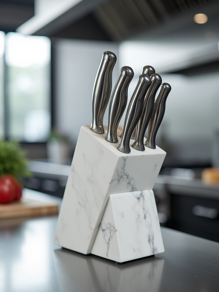 White marble knife block with stainless steel knives on a stainless steel kitchen countertop.
