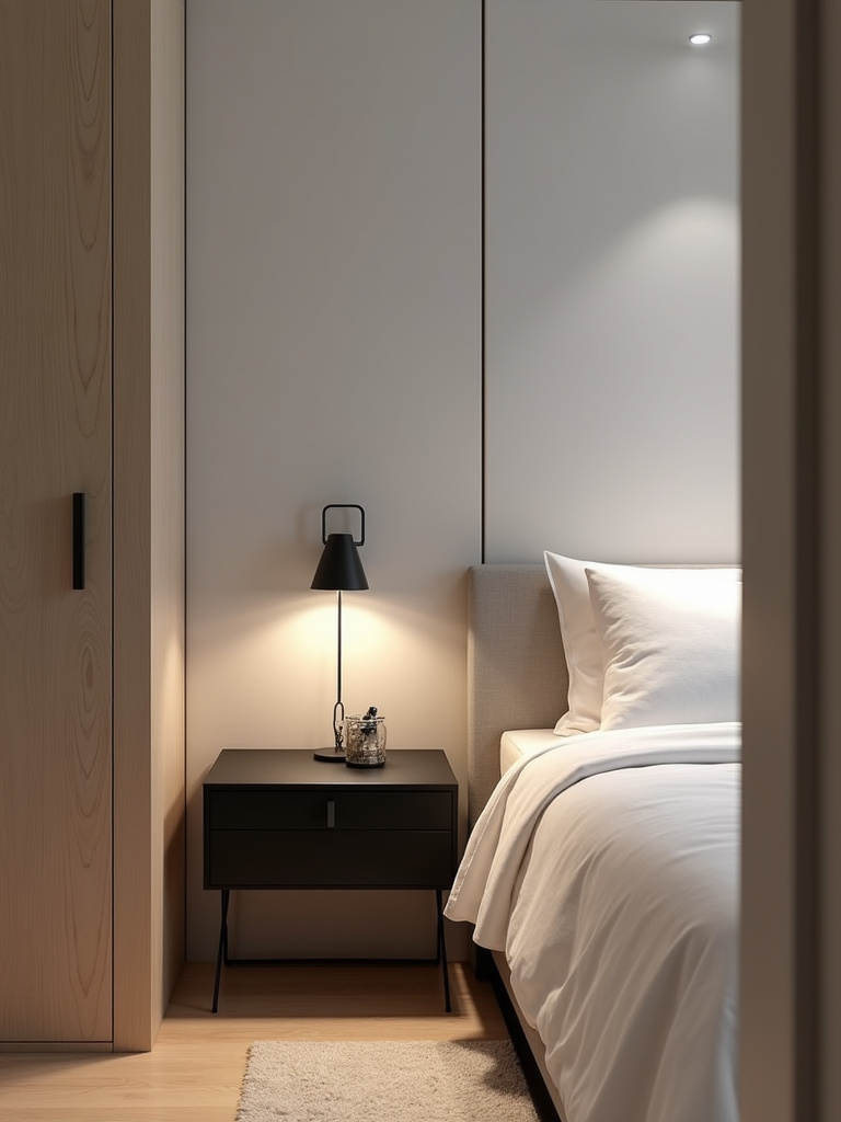 Minimalist bedroom featuring sleek matte black nightstands.
