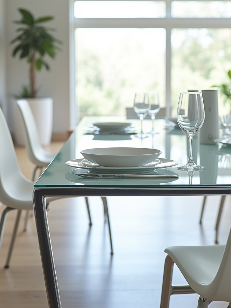 Sleek rectangular glass kitchen table with chrome legs in a bright modern dining room.