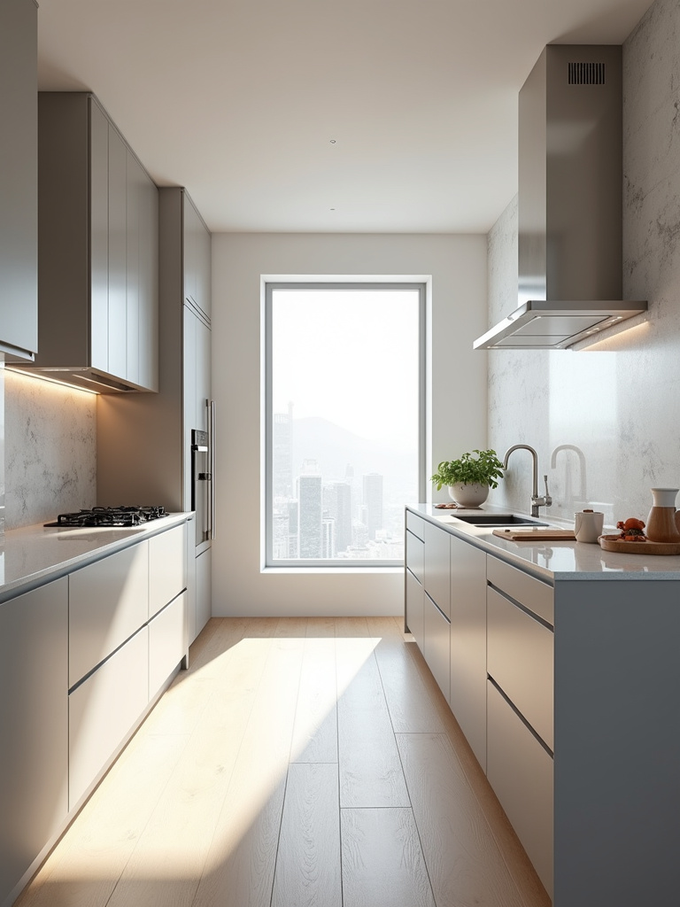 Modern minimalist kitchen featuring sleek light grey slab door cabinets, stainless steel appliances, and light wood flooring.