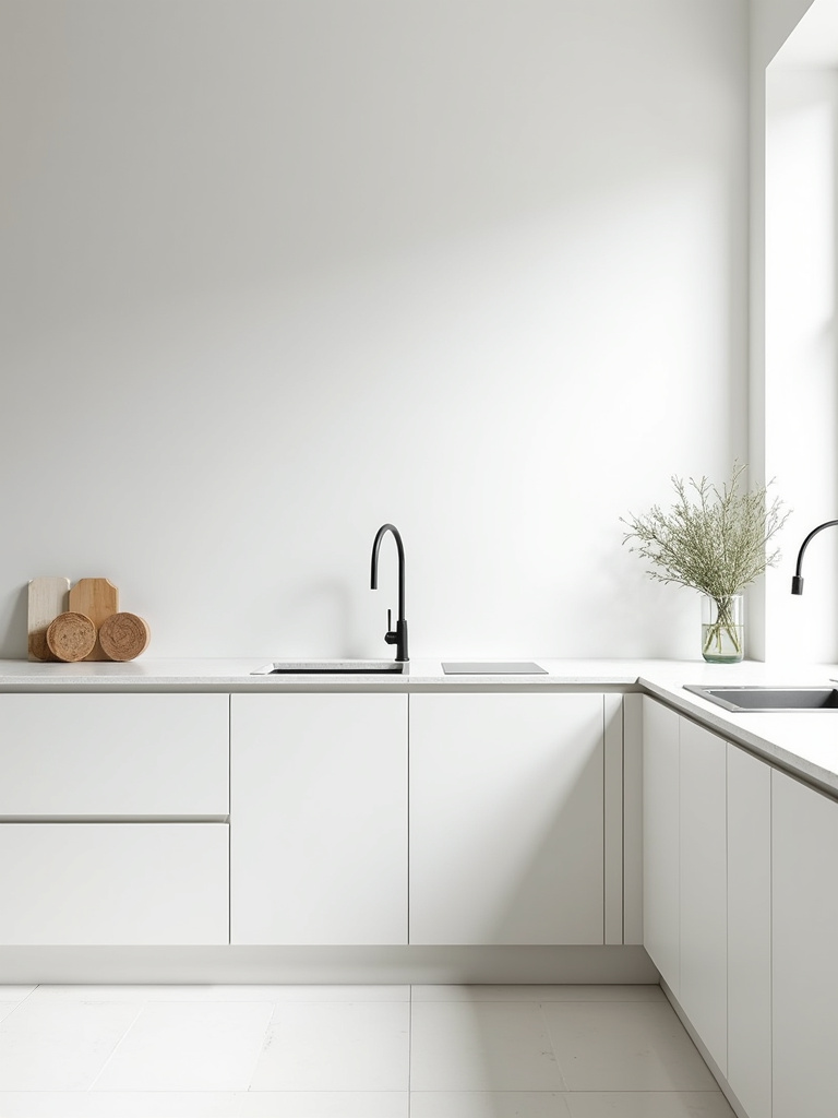“Minimalist kitchen with solid white matte ceramic wall tiles, handleless white cabinets, and a stainless steel sink.”