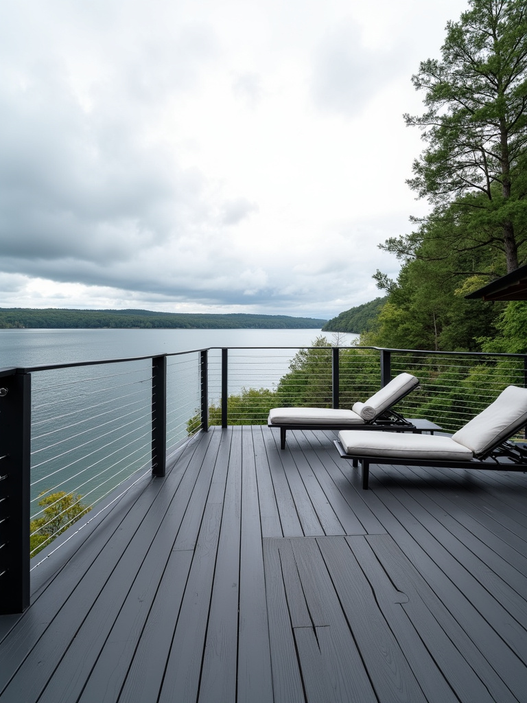 Modern deck with horizontal stainless steel cable railing overlooking a lake.