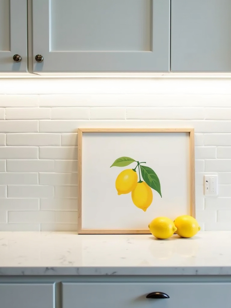 Small framed art print of lemons propped against a white subway tile backsplash on a white quartz kitchen countertop.