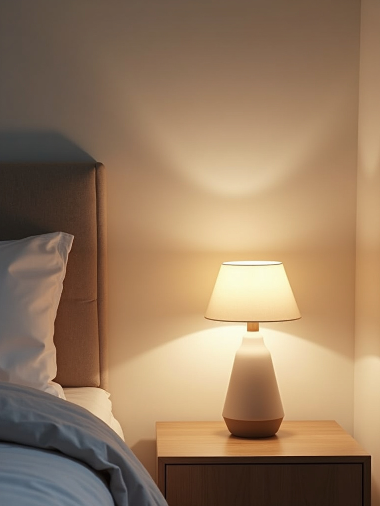 A small table lamp on a minimalist nightstand with ambient natural lighting adding warmth and function in a bedroom.