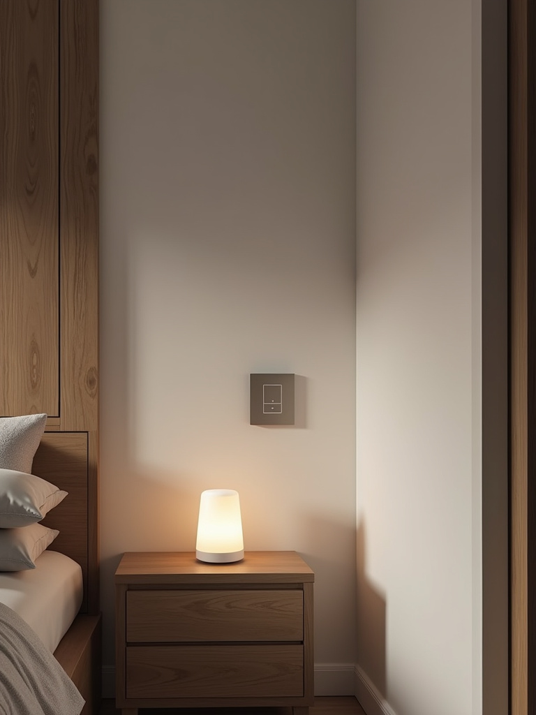 Modern bedroom with smart home technology integration including a smart speaker and lighting control panel.