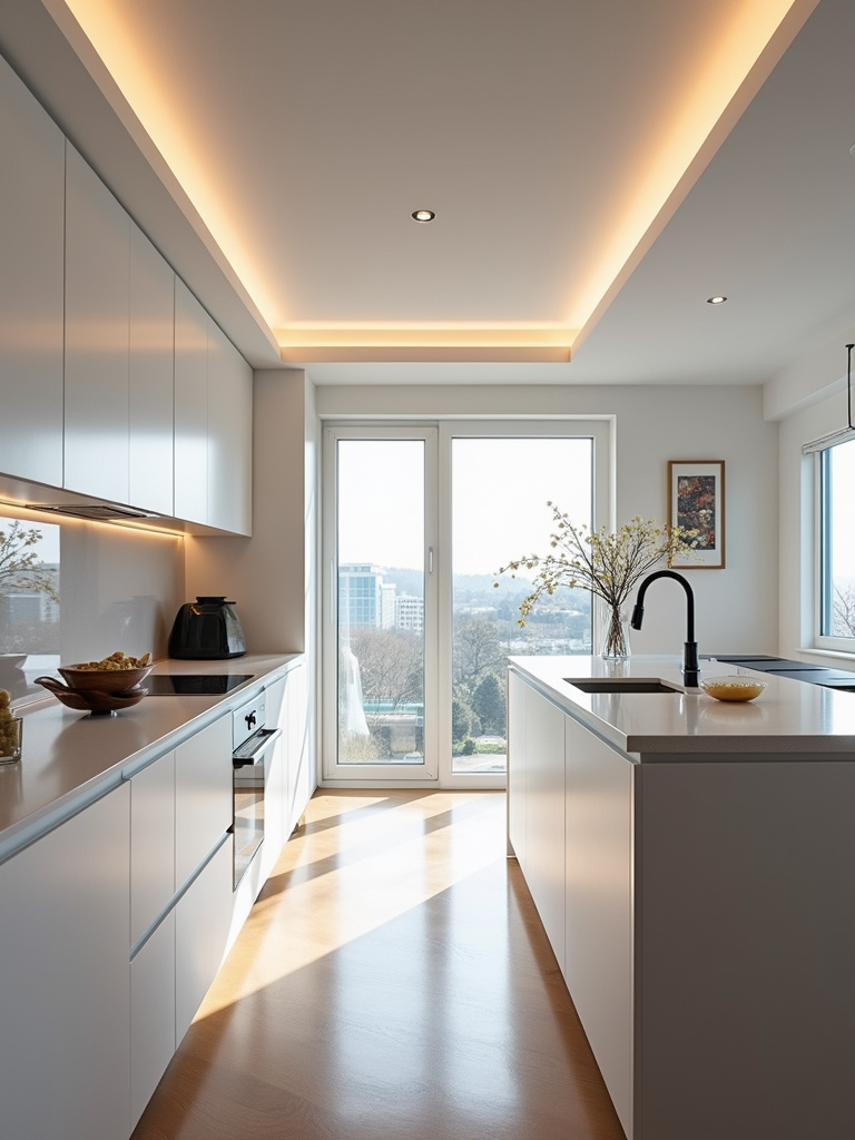 A modern kitchen with a fully automated smart lighting system installed.