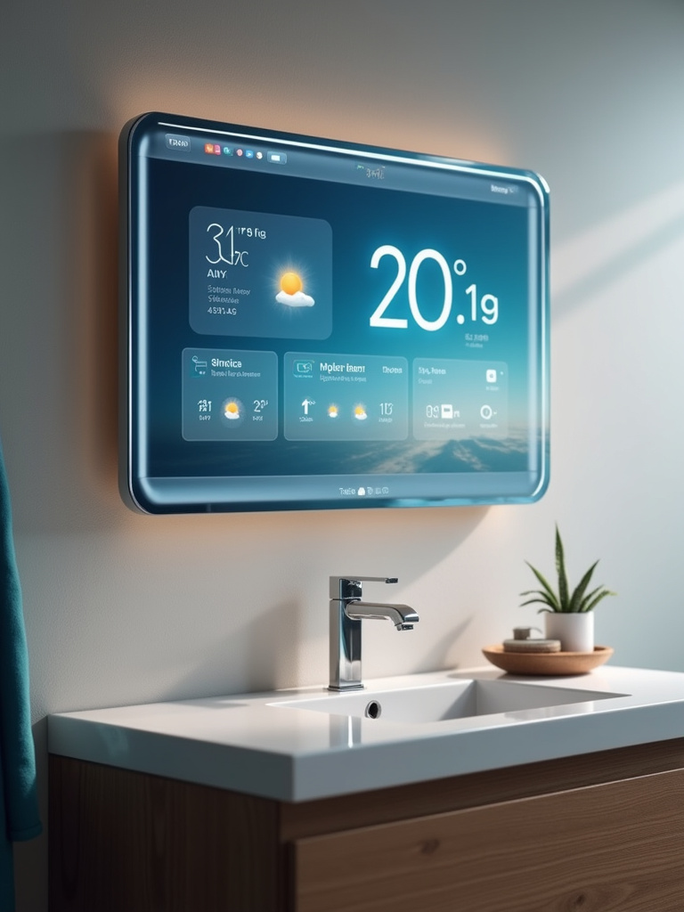 Smart bathroom mirror displaying weather information and time, integrating technology into the bathroom space.