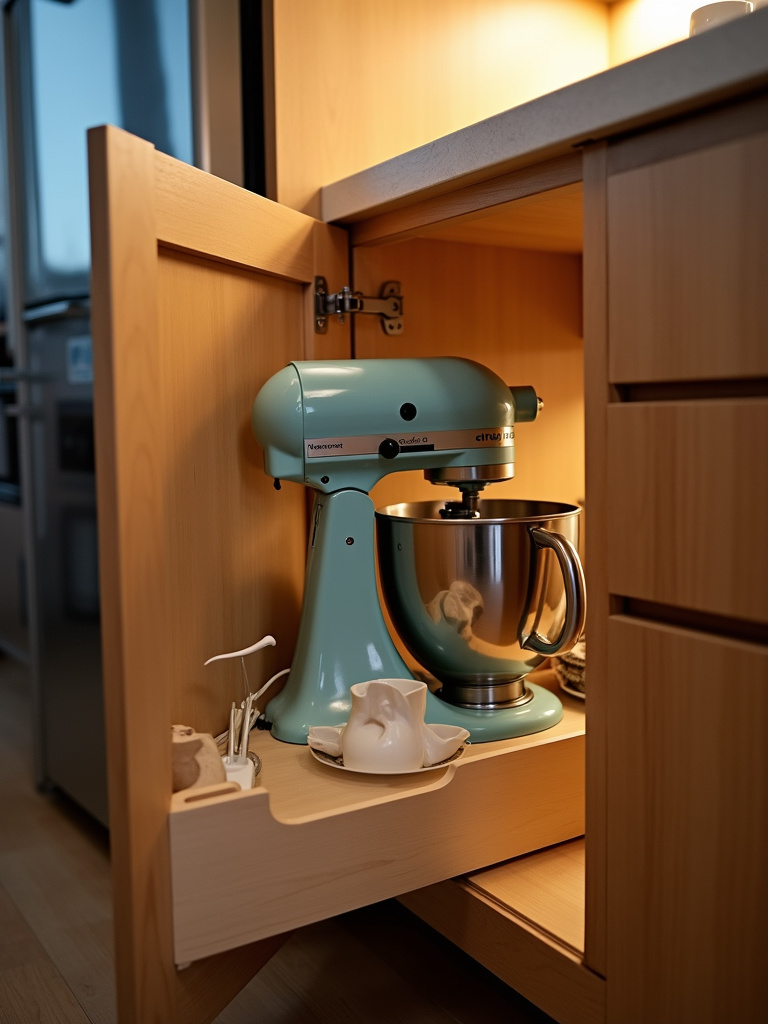 Apartment kitchen cabinet with a pull-out shelf, providing smart storage for small appliances and keeping countertops clutter-free.