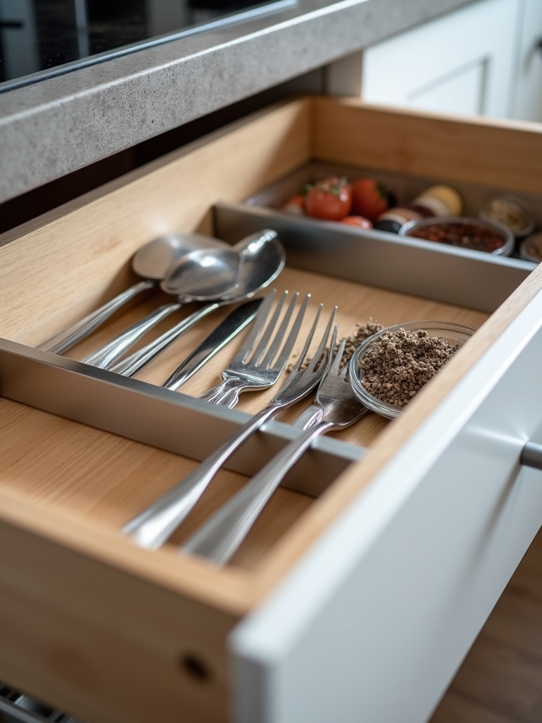 Interior view of a modern kitchen drawer with smart storage organizers for utensils and spices, showcasing efficient kitchen organization.