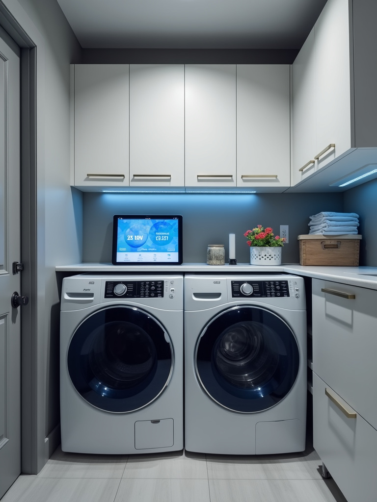 A modern laundry room featuring smart washer and dryer appliances with digital displays and app control, showcasing technology integration for convenient laundry management.