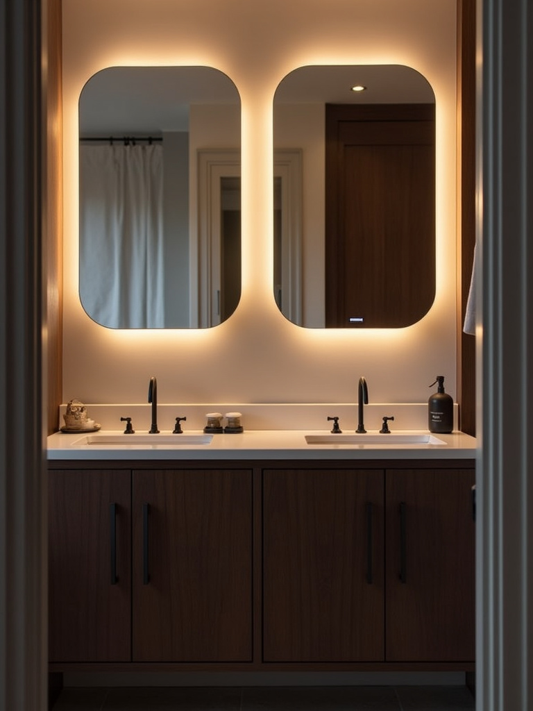 Tech-savvy bathroom with smart vanity lights integrated around a smart mirror, controlled by voice.
