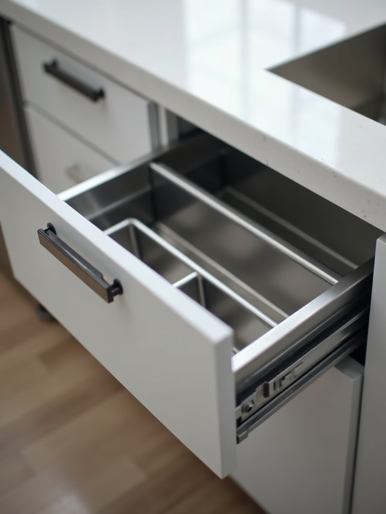 Detail shot of a modern kitchen drawer with a soft-close mechanism, showcasing the smooth and silent operation.