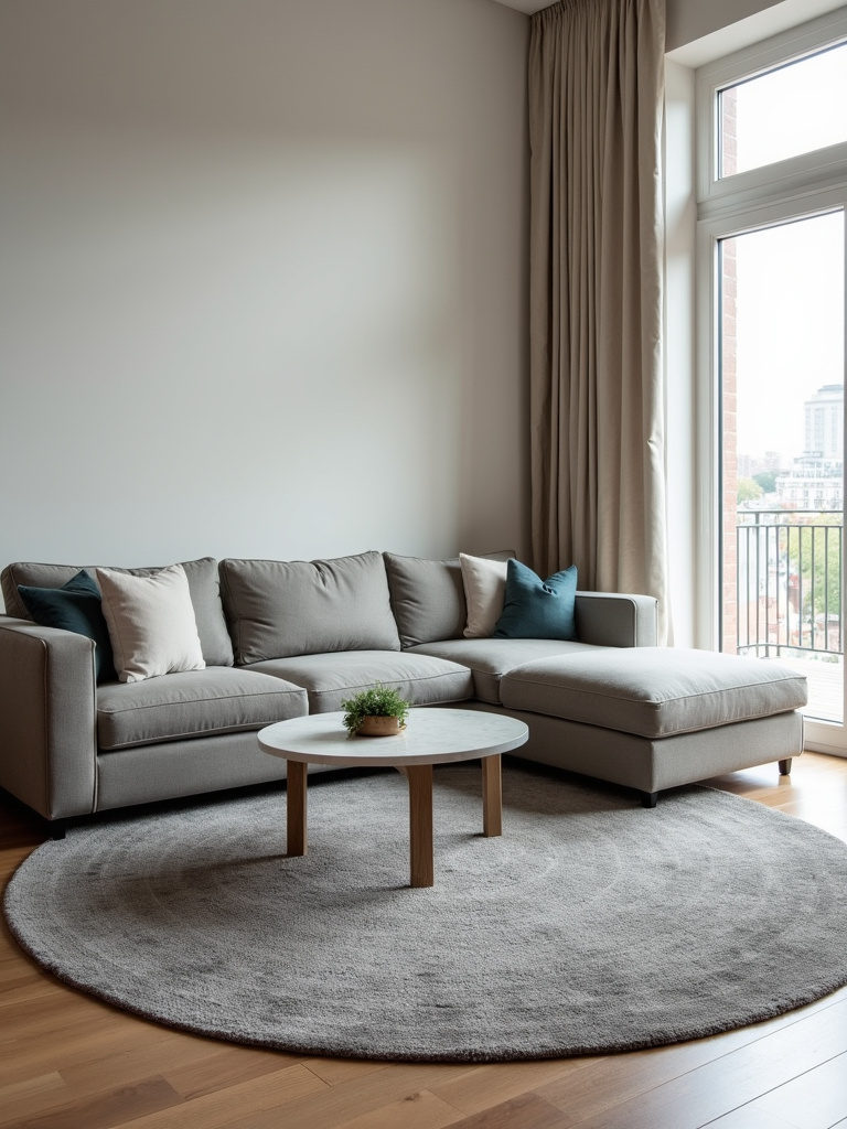 Contemporary living room featuring a round grey rug softening the angular space.