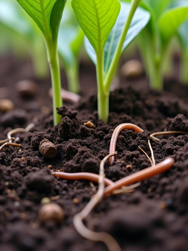 Close-up of healthy garden soil with organic matter, earthworms, and plant roots visible, photographed with soft overcast lighting.