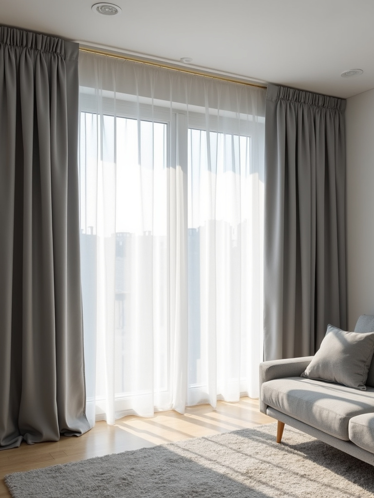 Solid grey curtains in a well-lit minimalist living room