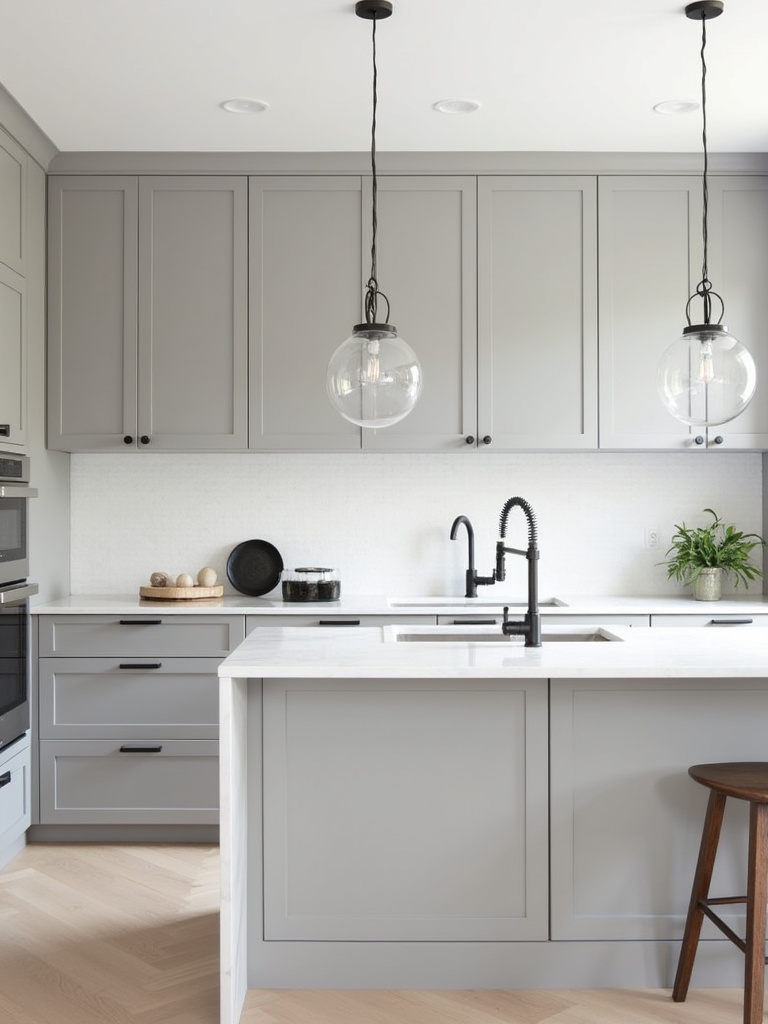 Modern kitchen with light grey shaker cabinets, white marble countertops, and stainless steel fixtures, showcasing a sophisticated and neutral design.