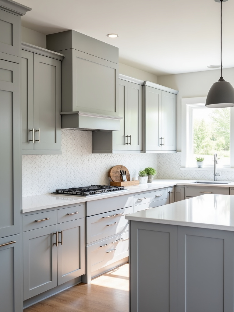 Modern gray kitchen with flat-panel cabinets and white countertops.