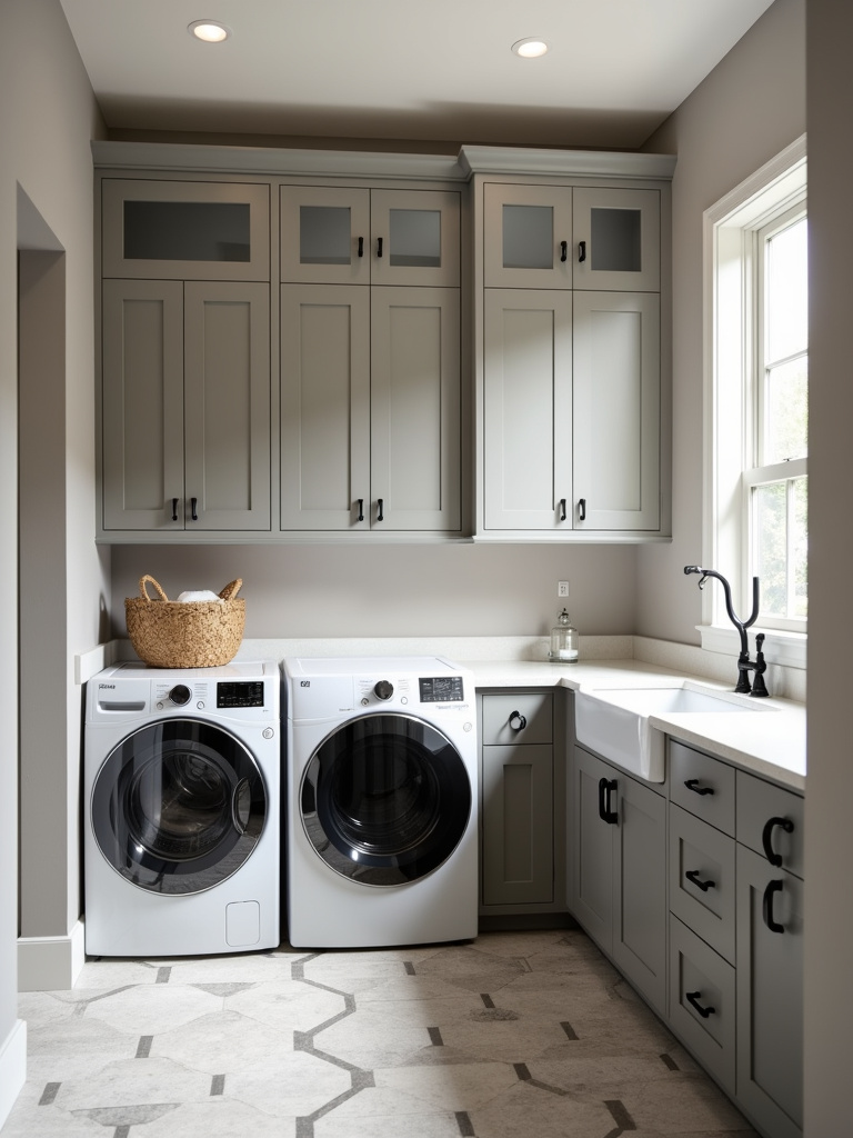 “Sophisticated warm gray laundry room with soft daylight, featuring warm gray cabinetry, white quartz countertops, a top-loading washer and dryer, and a geometric tile floor.”