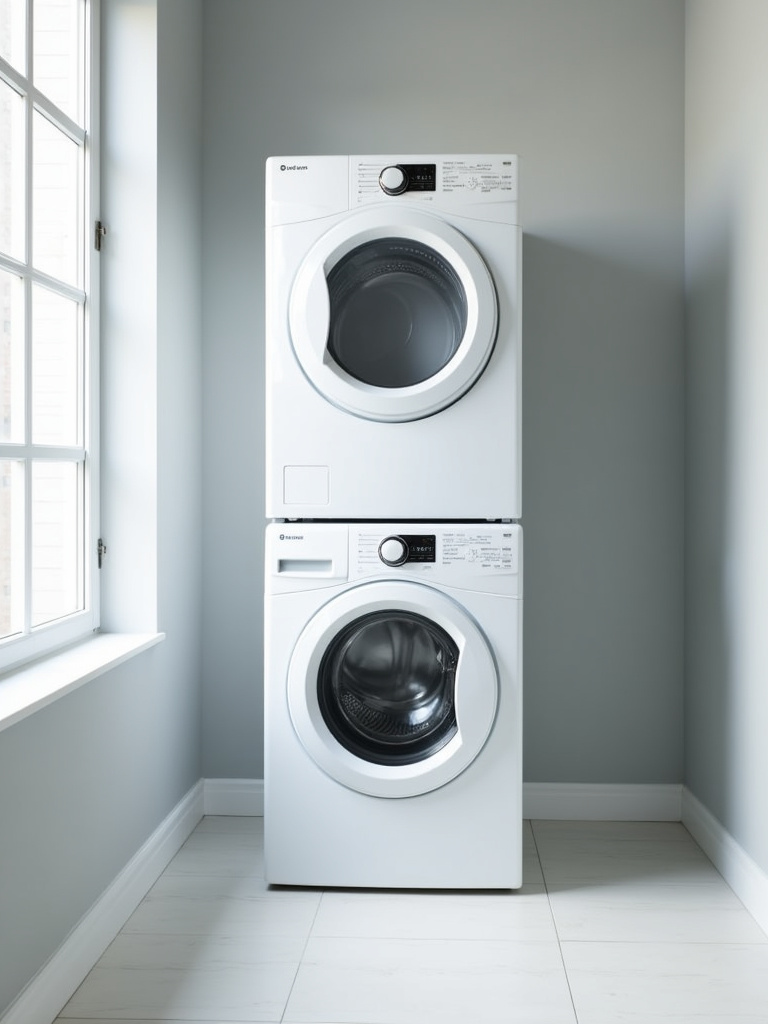 A modern laundry room featuring a white stackable washer and dryer unit, emphasizing space-saving design.
