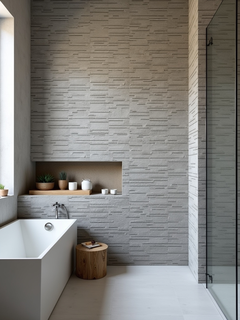 A bathroom with a full wall covered in gray stacked stone tiles, enhanced by natural diffused lighting.