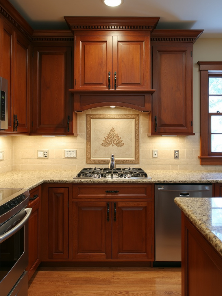 Traditional stained cherry wood kitchen with shaker cabinets.