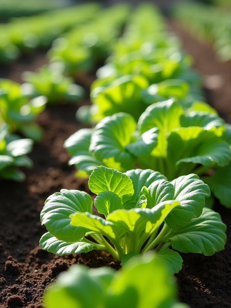 Overhead view of a small vegetable garden bed with rows of young lettuce, spinach, and radish plants.