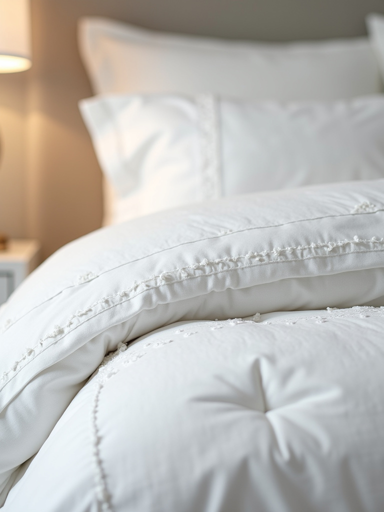 Close-up of white statement bedding with textured linen duvet and embroidered pillows.