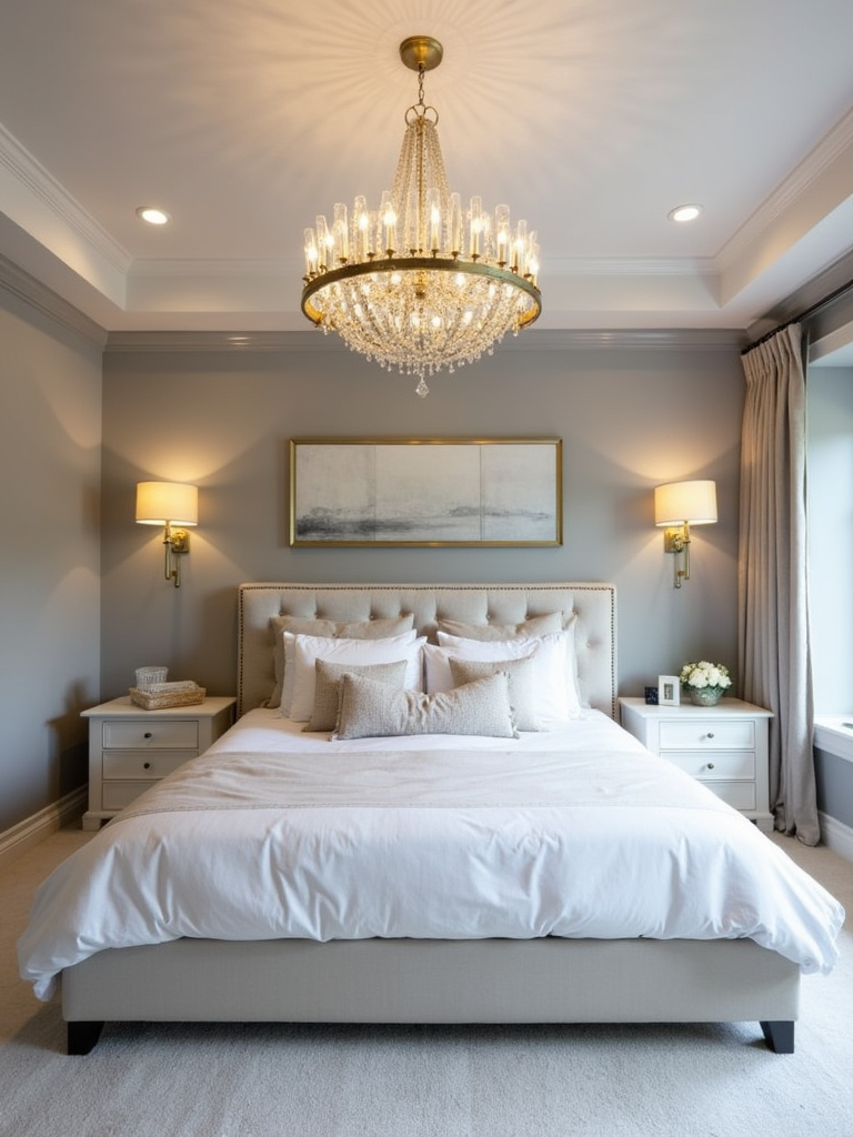 A master bedroom featuring a striking gold statement chandelier above the bed.