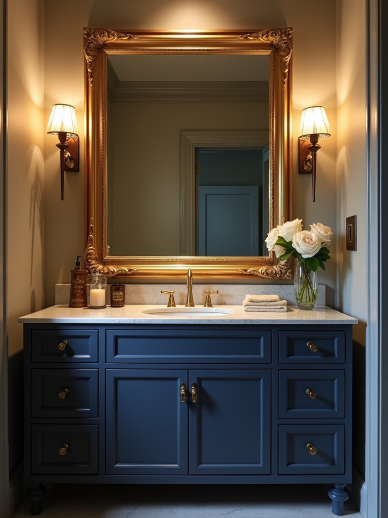 Elegant bathroom with a large mirror featuring a thick, ornate gold frame, adding a statement piece to the space.