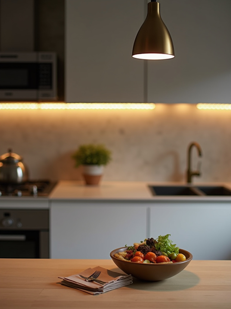 Apartment kitchen island illuminated by a stylish plug-in pendant light, adding a statement lighting piece and warm ambiance.