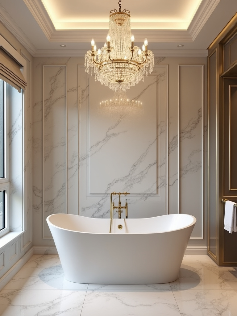 Glamorous bathroom featuring a crystal chandelier hanging above a freestanding bathtub with marble walls and floors.
