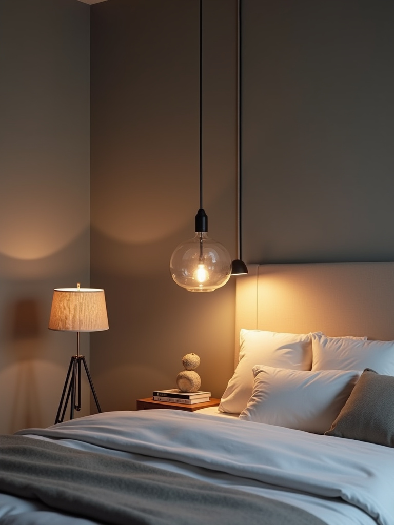 Modern bedroom with pendant lighting and a statement floor lamp.