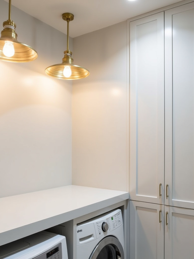 A laundry room featuring a statement brass pendant light fixture, providing both style and bright illumination to the workspace.