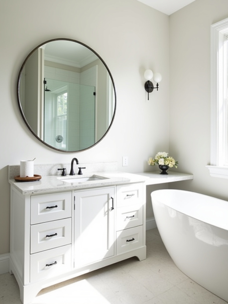 Bright and airy modern bathroom featuring a large round statement mirror above a white double vanity.