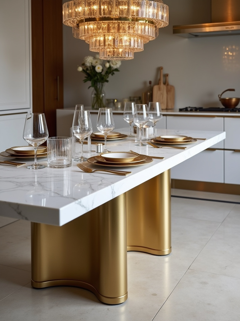 Statement pedestal base kitchen table in brushed gold with white marble top in a glamorous modern kitchen.