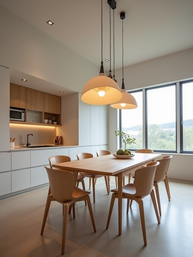 Modern kitchen featuring a large statement piece sculptural light.