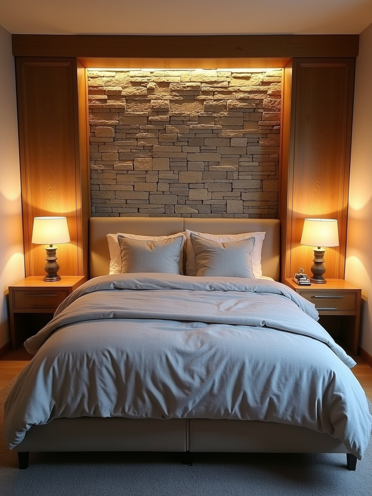 A rustic bedroom featuring a stone accent wall.