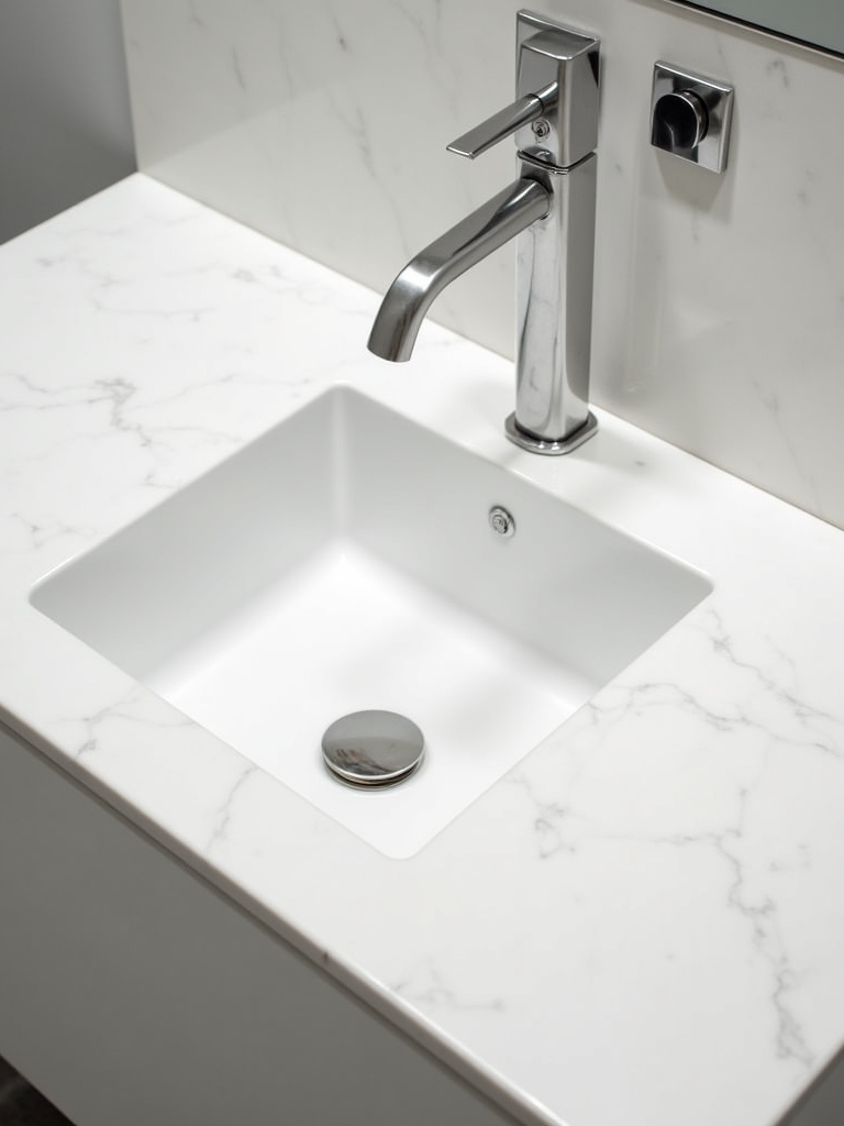 Minimalist countertop with wall-mounted chrome faucet and white undermount sink.