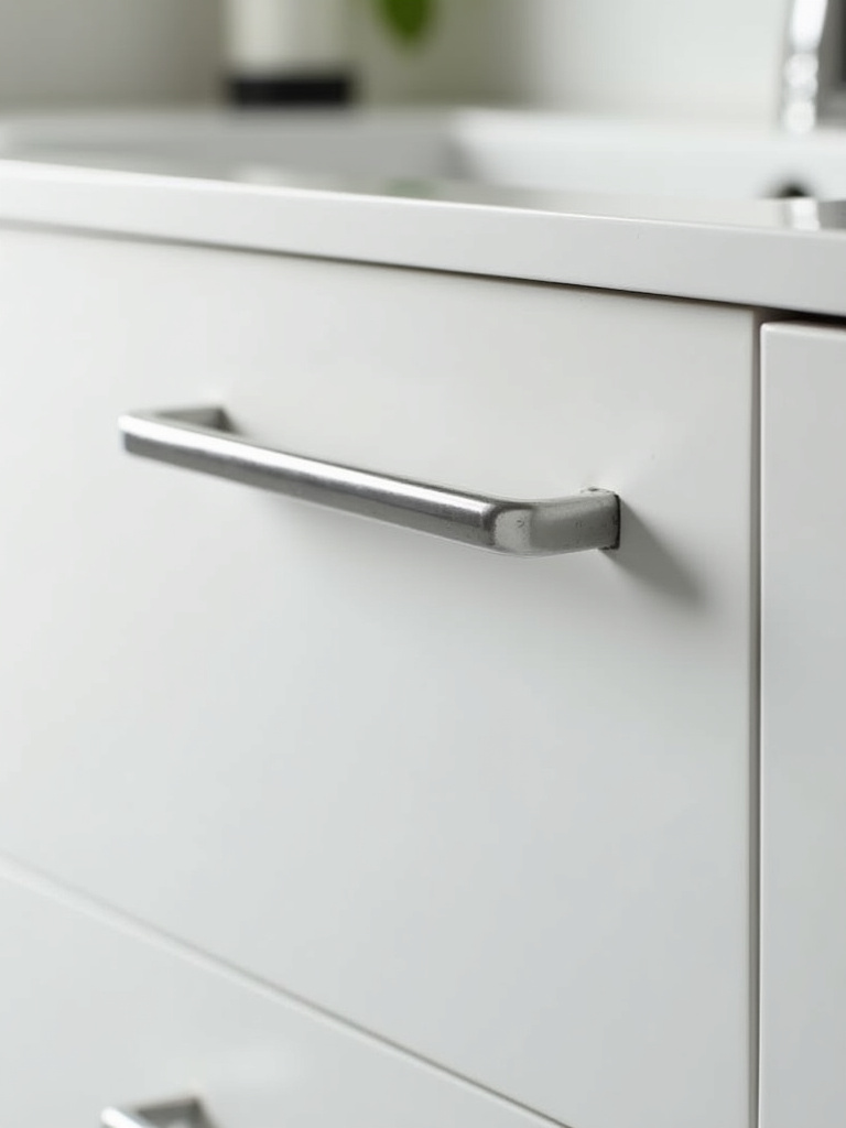 Minimalist bathroom detail showcasing streamlined chrome hardware on a white vanity drawer.