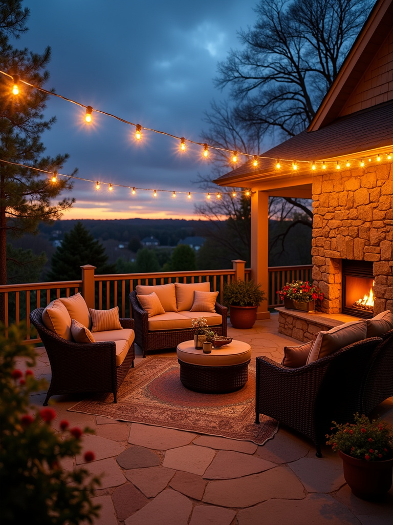 A cozy back porch lit by warm string lights.