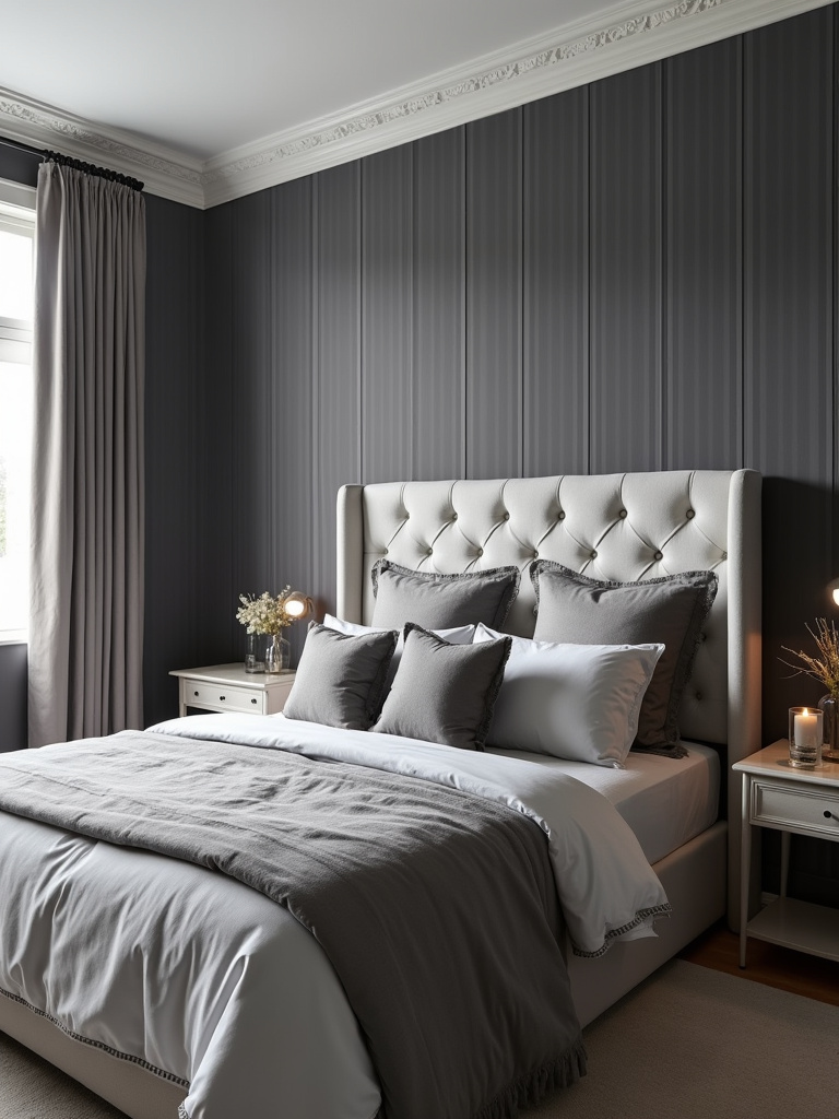 A chic bedroom with a sophisticated grey striped wallpaper, paired with a tufted headboard and grey bedding, lit by natural light.