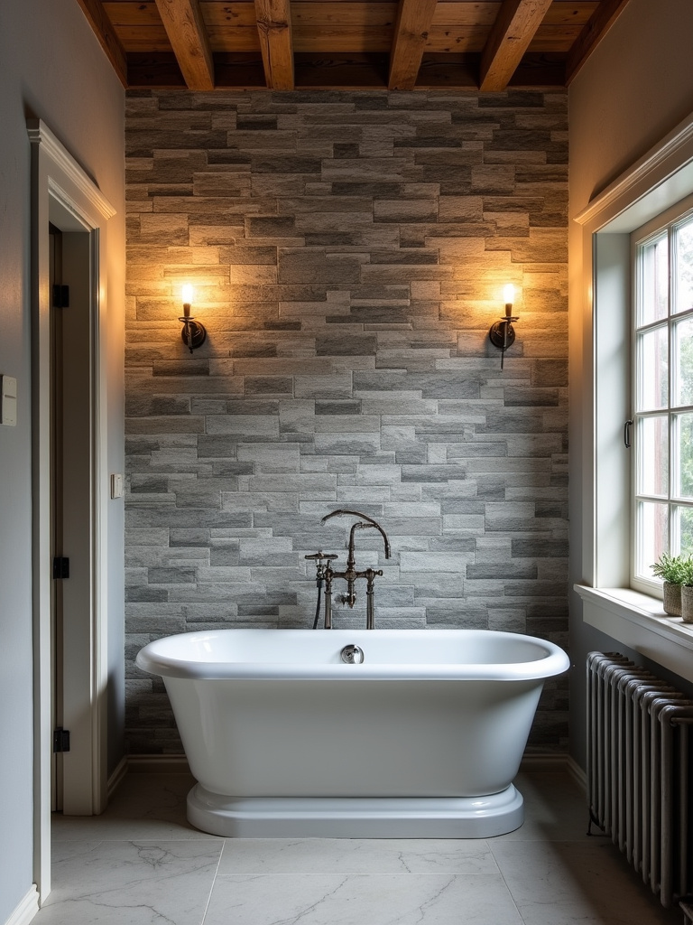 Rustic farmhouse bathroom featuring grey faux stone wallpaper, creating a durable and textured, spa-like environment.
