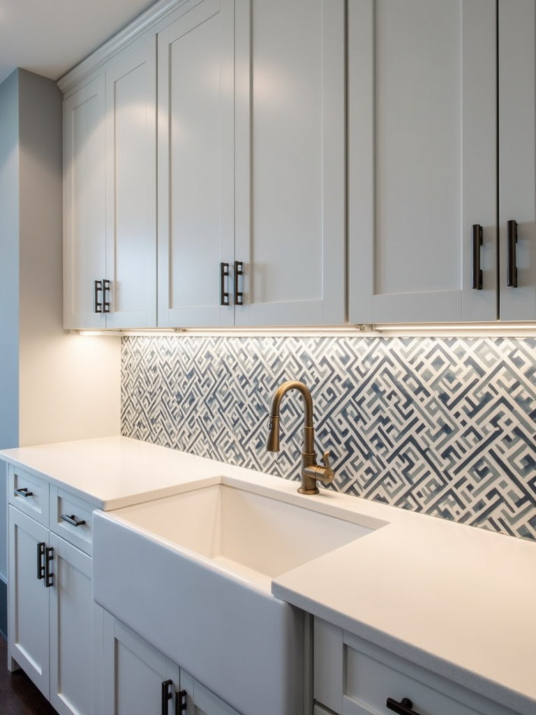 “Modern laundry room with a stylish patterned tile backsplash in blue and white behind the sink, complemented by white cabinets, light gray walls, and warm under-cabinet lighting.”