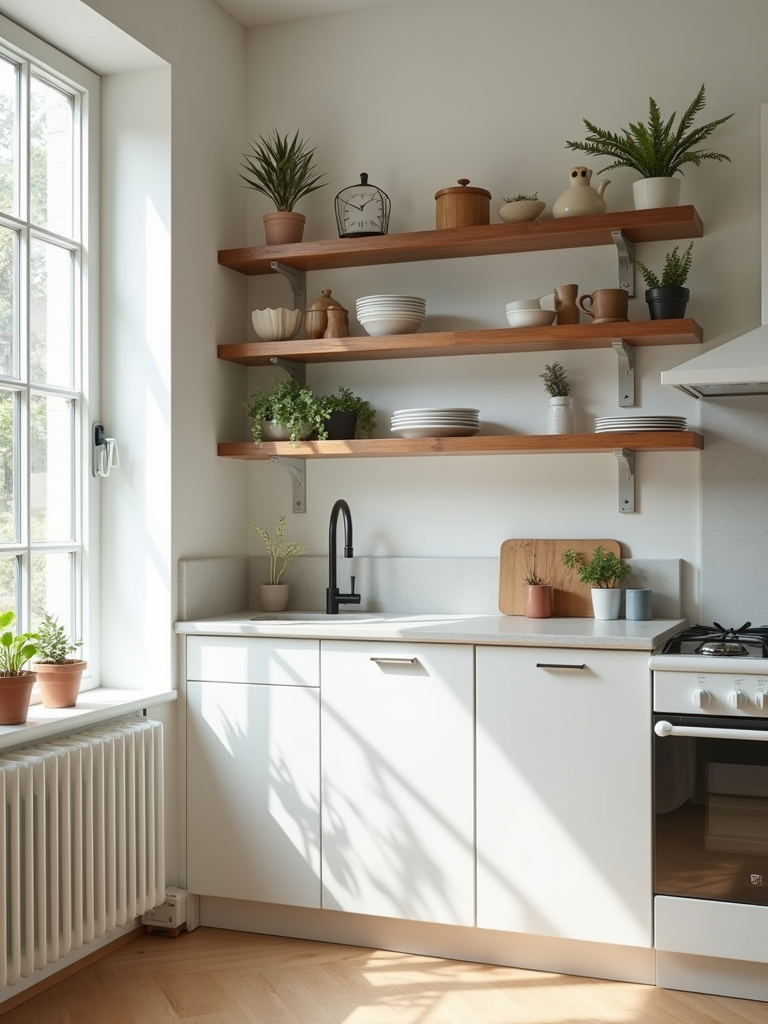 Minimalist apartment kitchen with stylish open wooden shelving replacing traditional cabinets, displaying curated kitchenware and decorative accents.