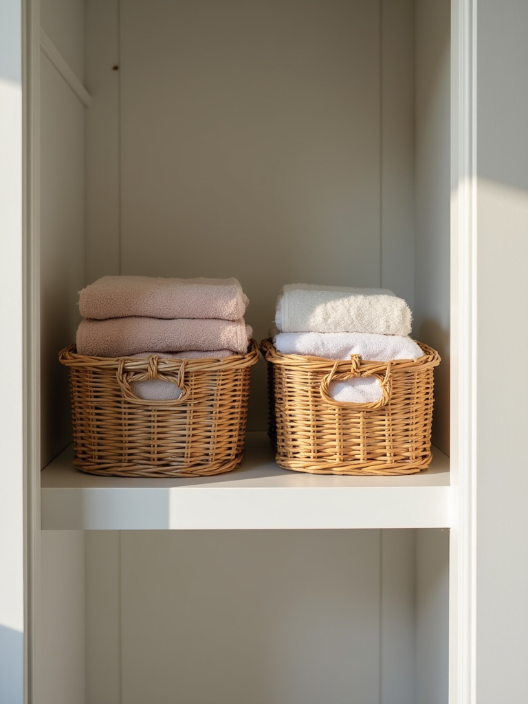 Two stylish storage baskets on a shelf help organize folded towels and blankets in a master bedroom.