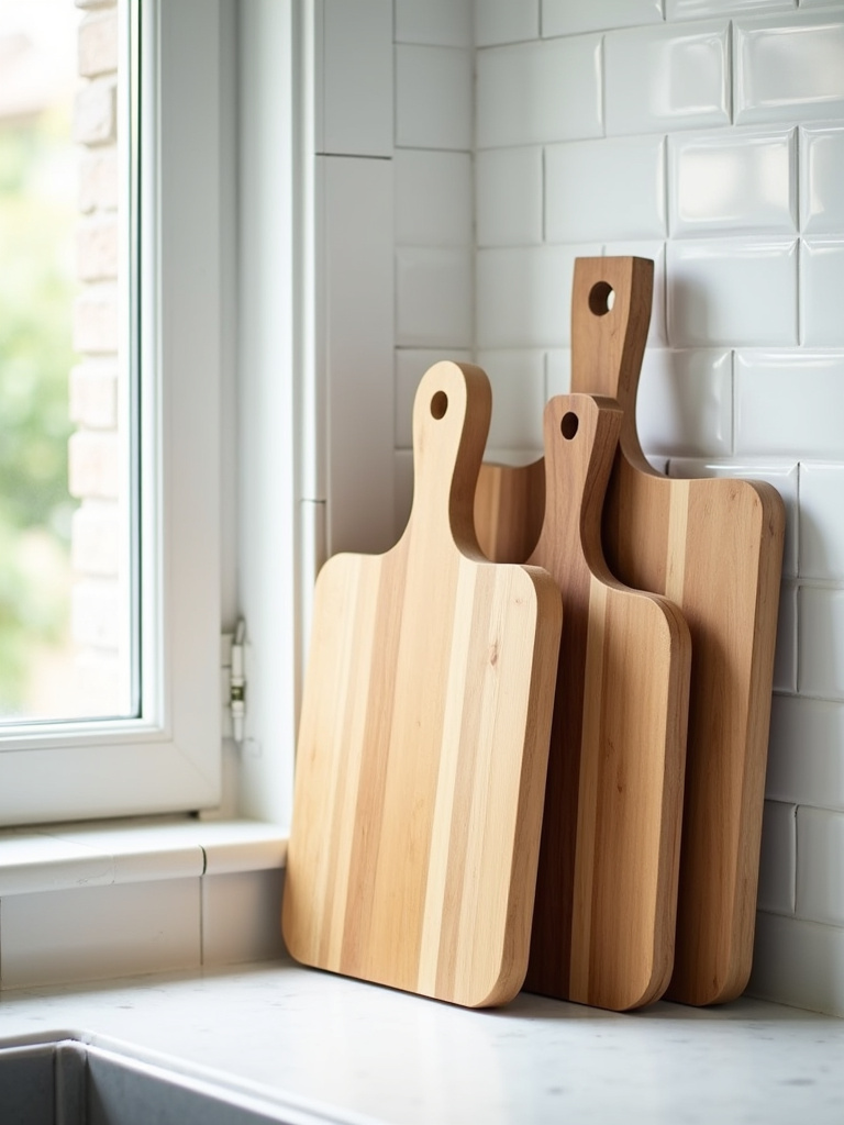 Stack of wooden cutting boards leaning against a white tile backsplash in a bright kitchen.